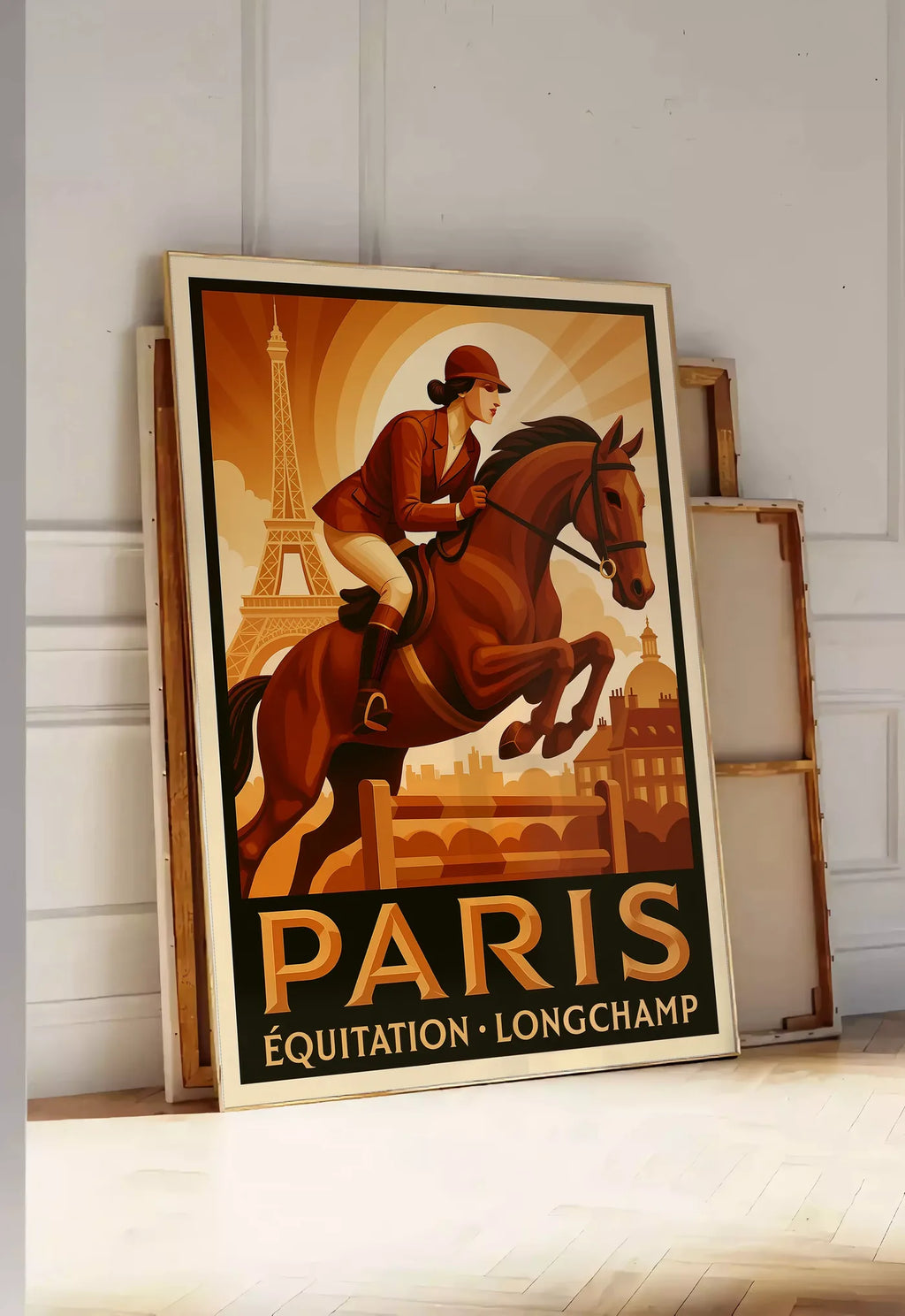 Tirage encadrable cavalière et cheval devant la Tour Eiffel, posee au sol dans une entree lumineuse, contre un mur a panneaux blancs, a cote de chassis en bois empiles