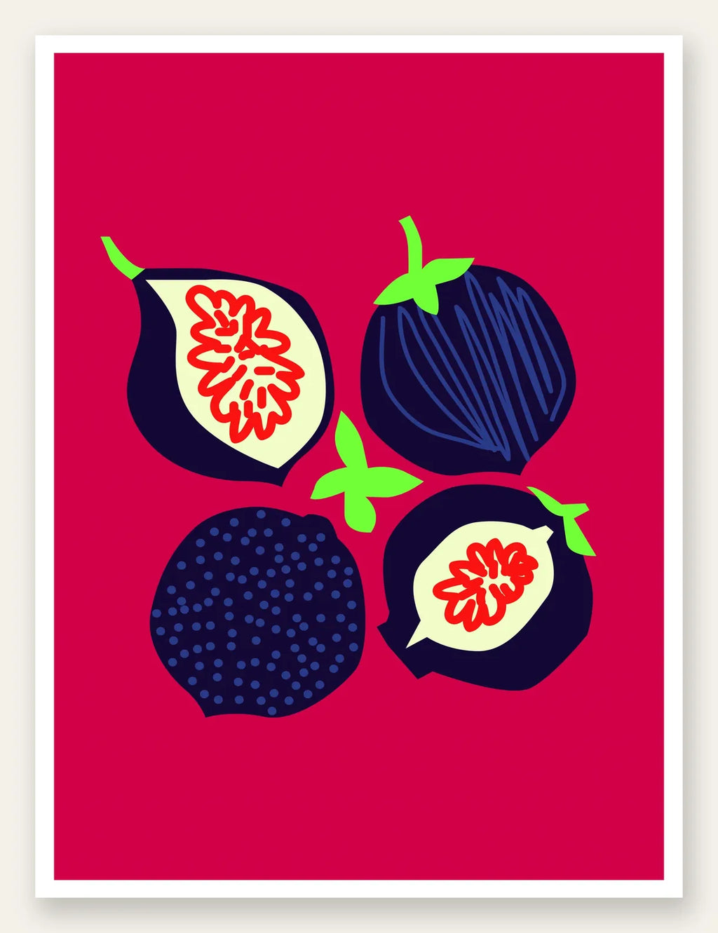 Affiche cuisine figues fruit, figues entieres et coupees sur fond rouge