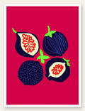 Affiche cuisine figues fruit, figues entieres et coupees sur fond rouge