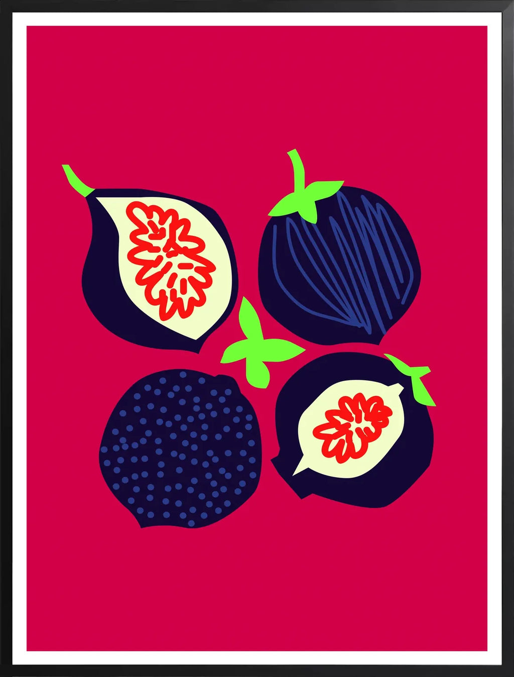 Encadrement noir mat autour des figues fruit entieres et coupees