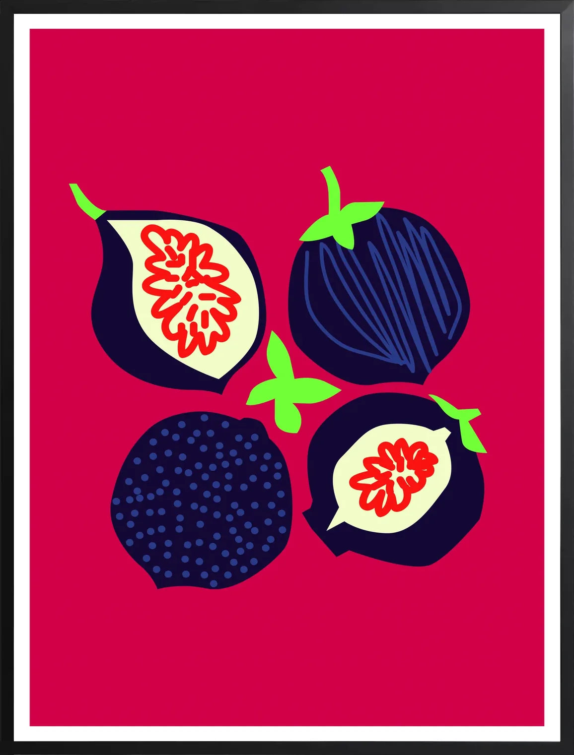 Encadrement noir mat autour des figues fruit entieres et coupees