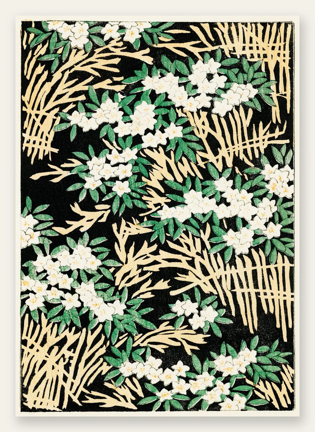 Affiche fleurs blanches sur fond noir art japonais