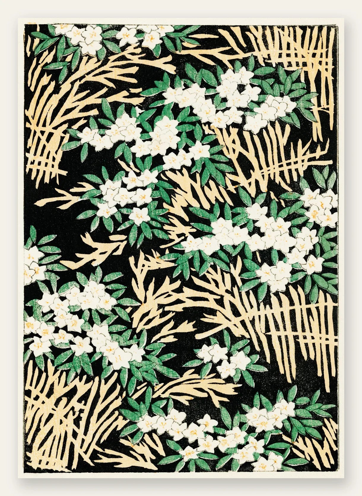 Affiche fleurs blanches sur fond noir art japonais