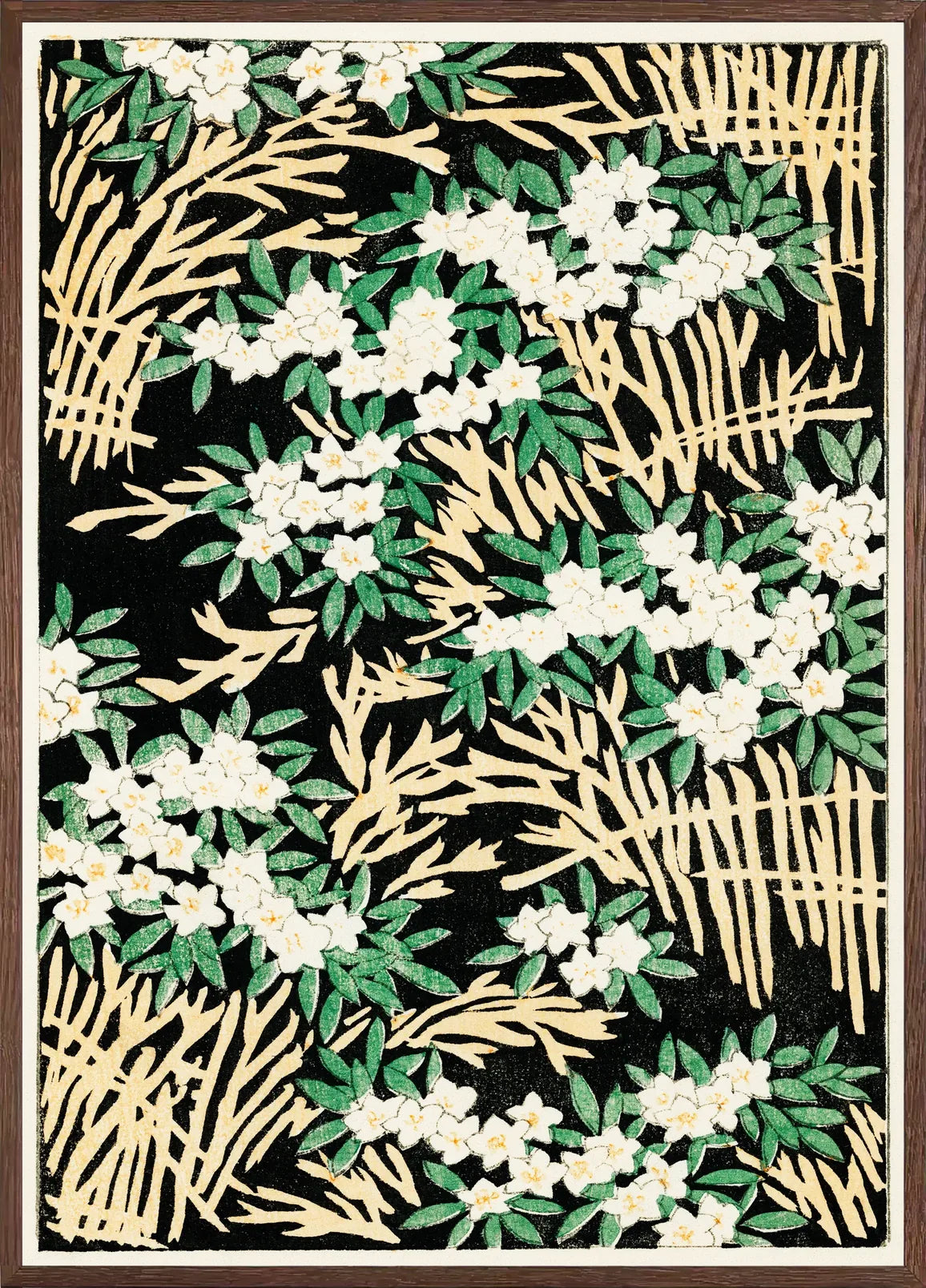 Cadre chene clair entourant l'affiche fleurs blanches sur fond noir