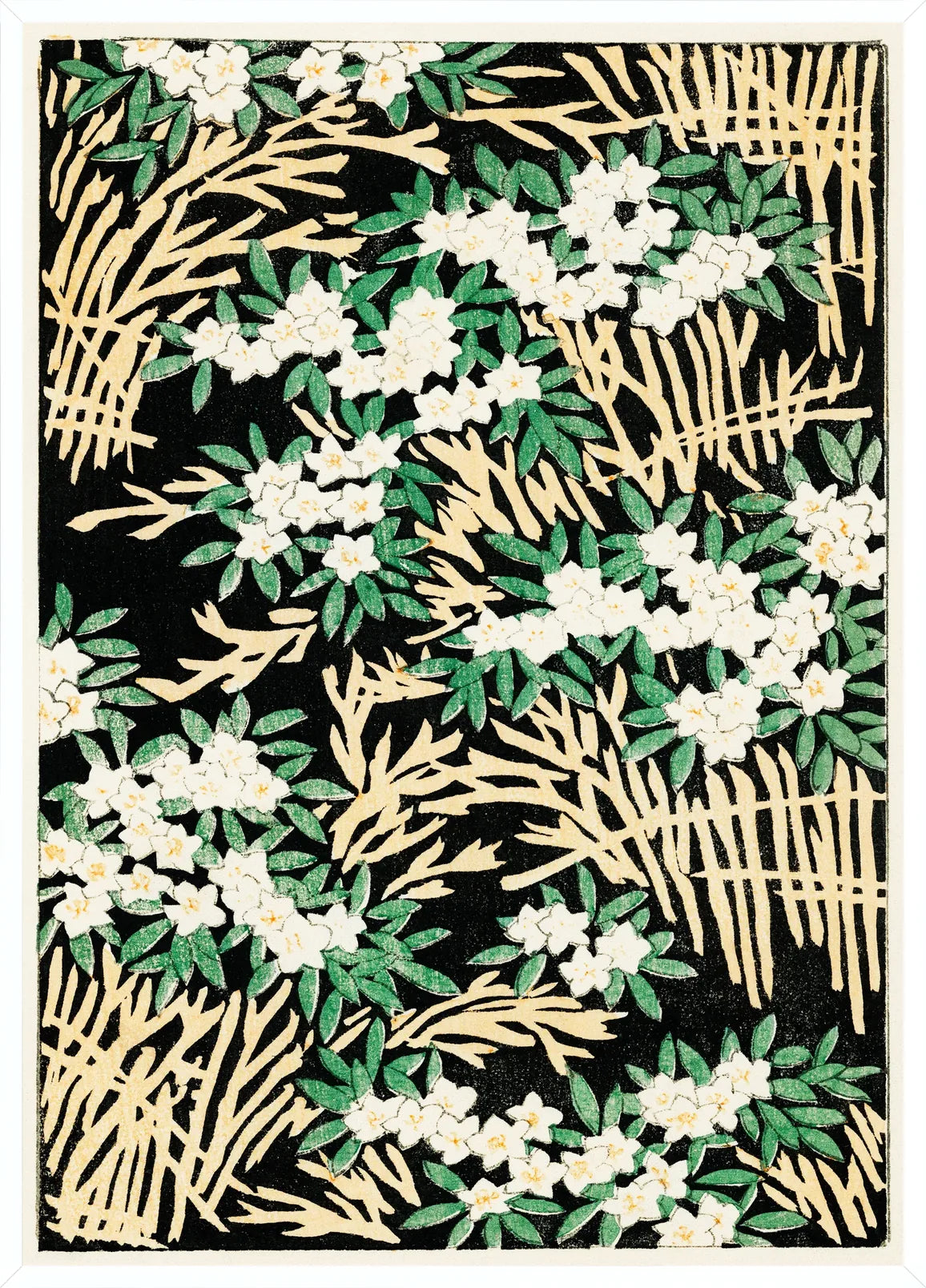 Cadre blanc epure presentant l'affiche fleurs blanches sur fond noir