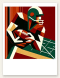 Joueur de football américain stylisé tenant un ballon ovale, palette rouge brique, vert sapin et blanc cassé.