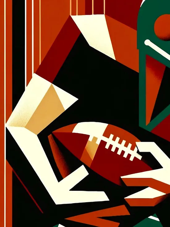 Gros plan sur le casque de football et le ballon ovale, grain du papier 275 g/m² apparent.