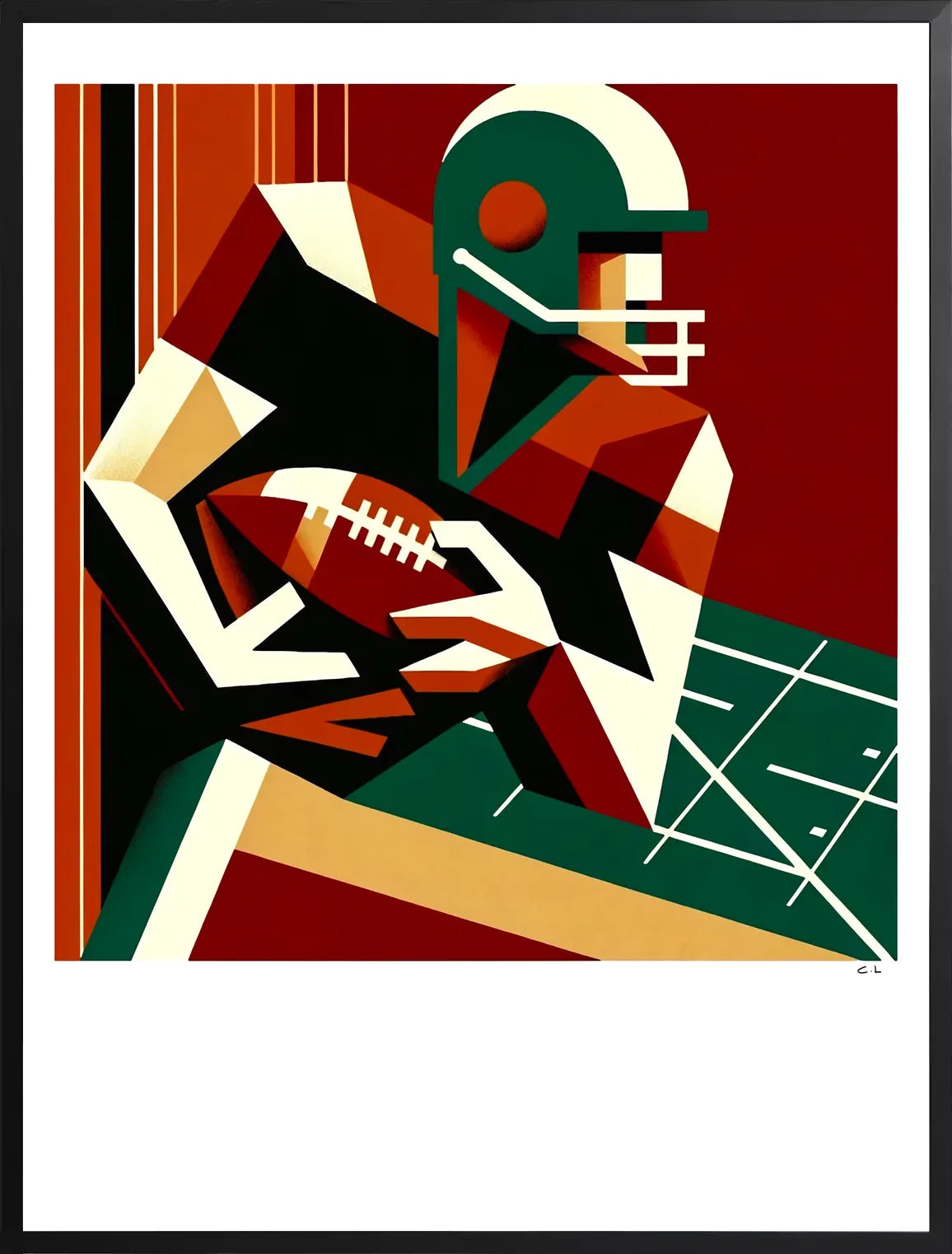 Oeuvre encadrée noir mat, joueur de football américain stylisé, contraste entre rouge brique et vert sapin.