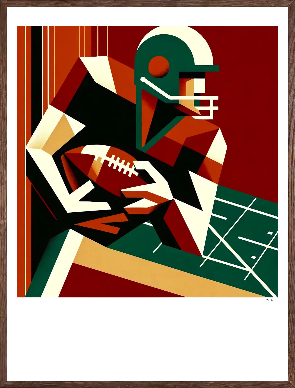 Affiche encadrée chêne, joueur stylisé avec casque de football et ballon ovale, finition mat.