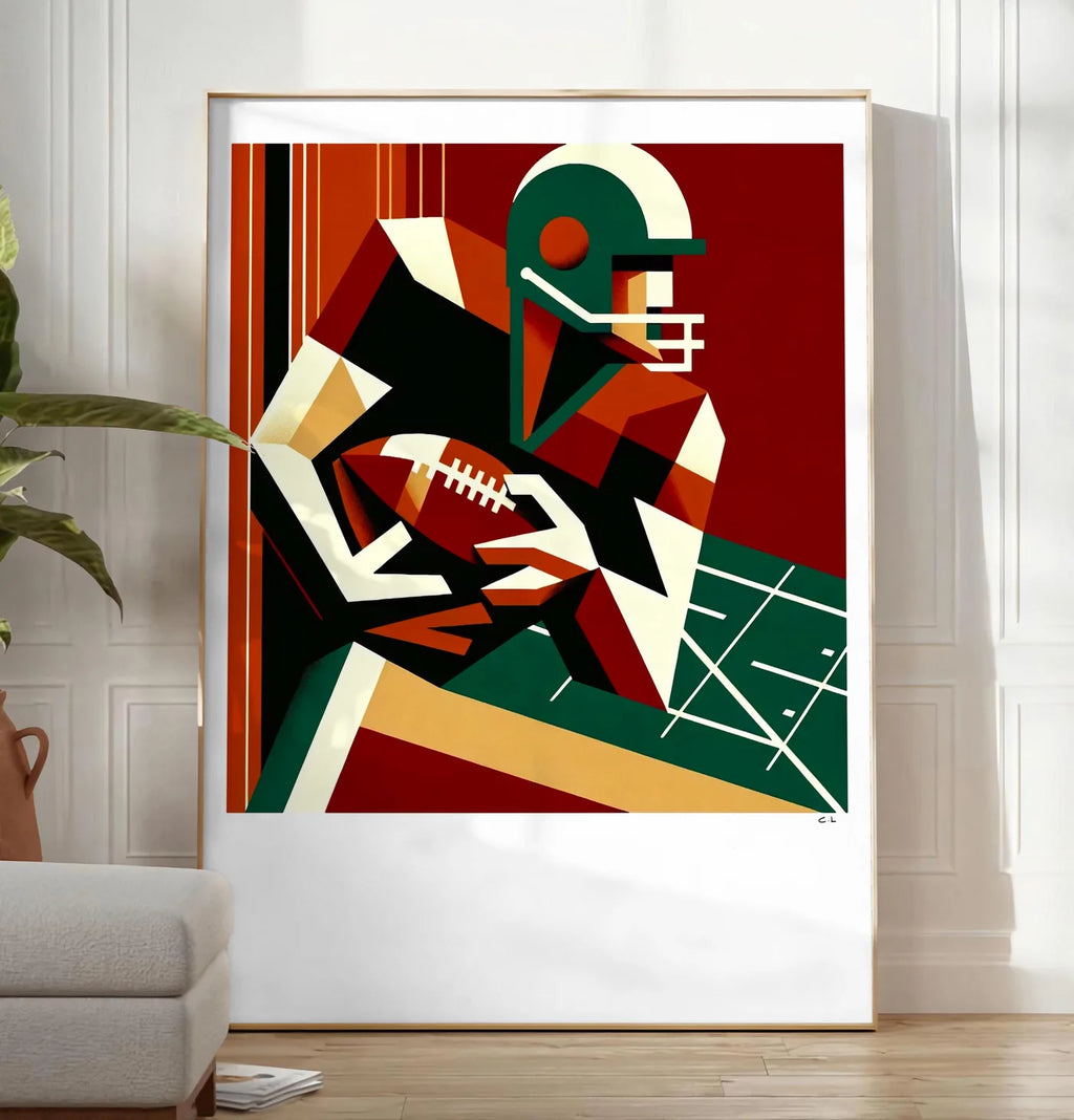 Reproduction joueur de football américain stylisé tenant un ballon ovale, posee au sol dans un salon minimaliste clair, a cote d'un canape beige et d'une plante verte, sur un parquet clair
