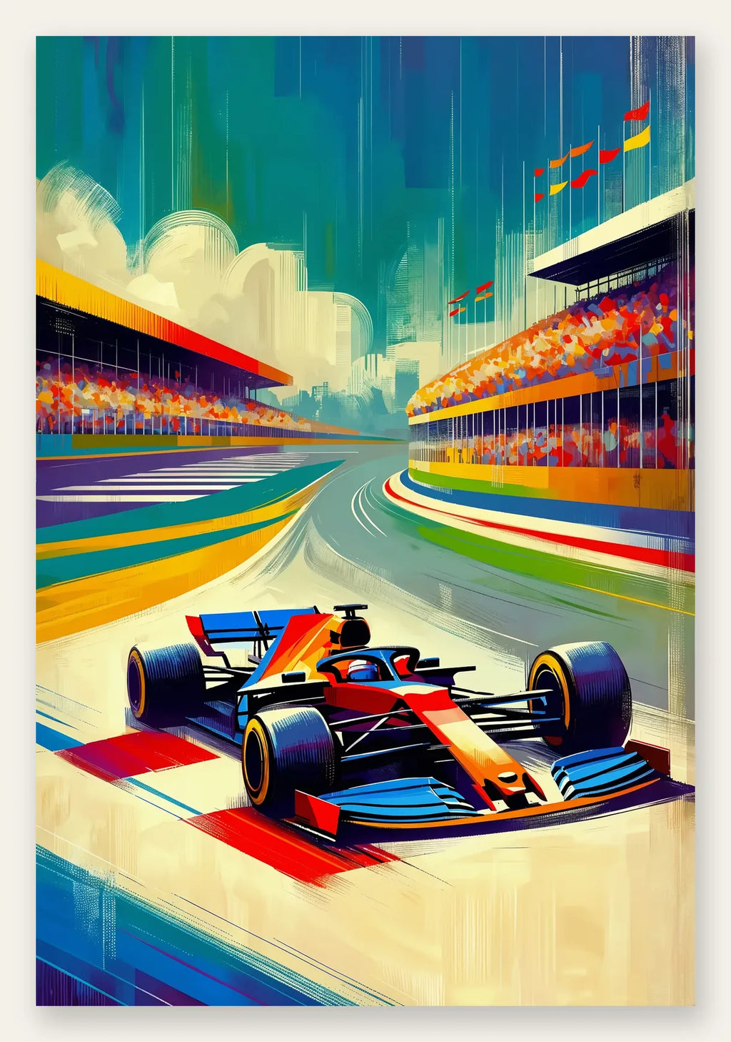 Voiture de Formule 1 entrant dans un virage, palette vermillon, bleu de cobalt et ocre jaune