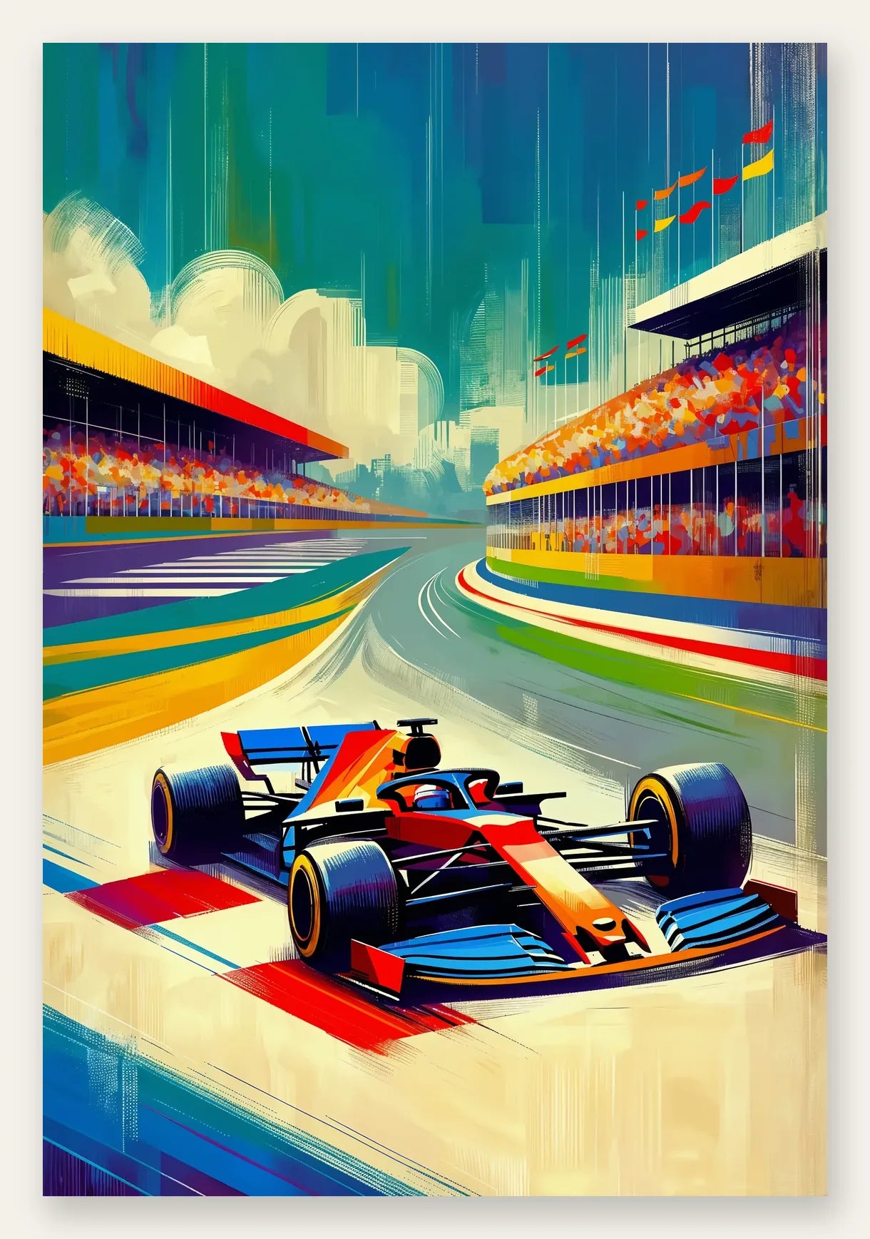 Voiture de Formule 1 entrant dans un virage, palette vermillon, bleu de cobalt et ocre jaune
