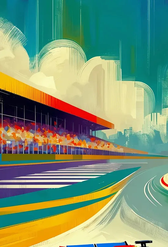 Détail sur la voiture de Formule 1 en virage, grain du papier 275 g/m² visible