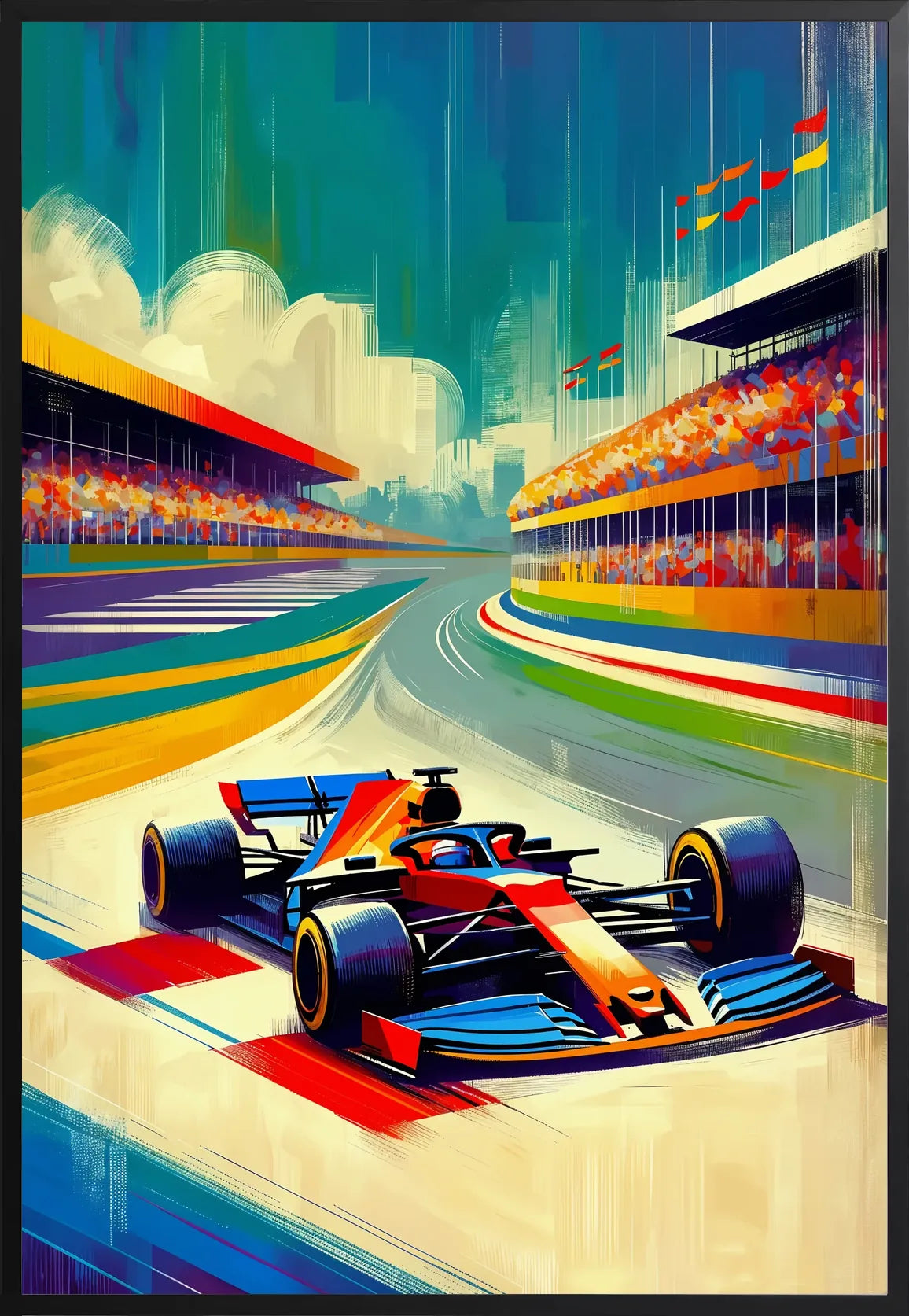Monoplace de Formule 1 encadrée noir mat, tribunes et drapeaux en arrière-plan