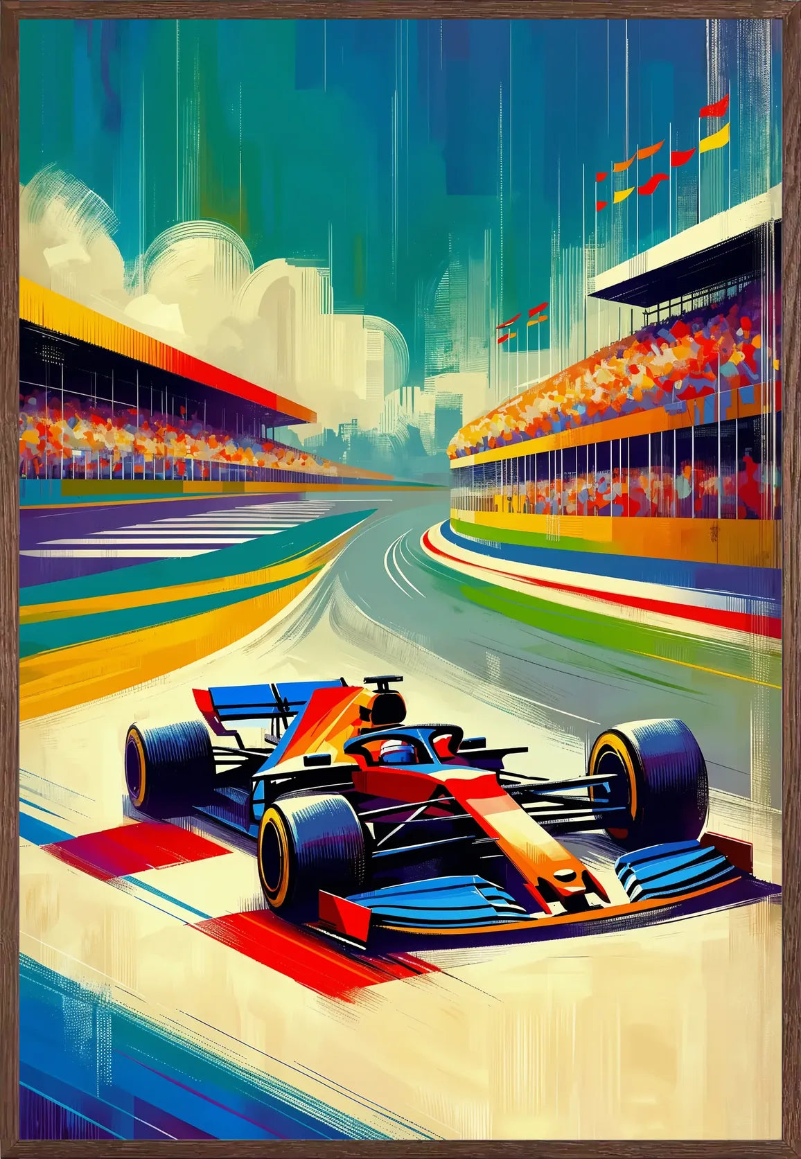Encadrée en chêne, voiture de Formule 1 en virage devant tribunes bondées, finition mate