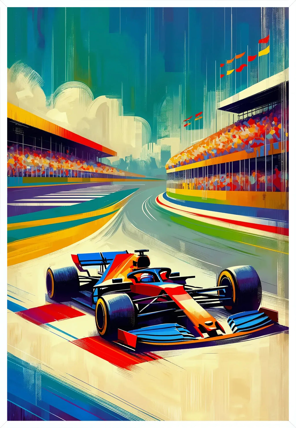 Image de Formule 1 en cadre blanc fin, composition mid-century et aplats colorés