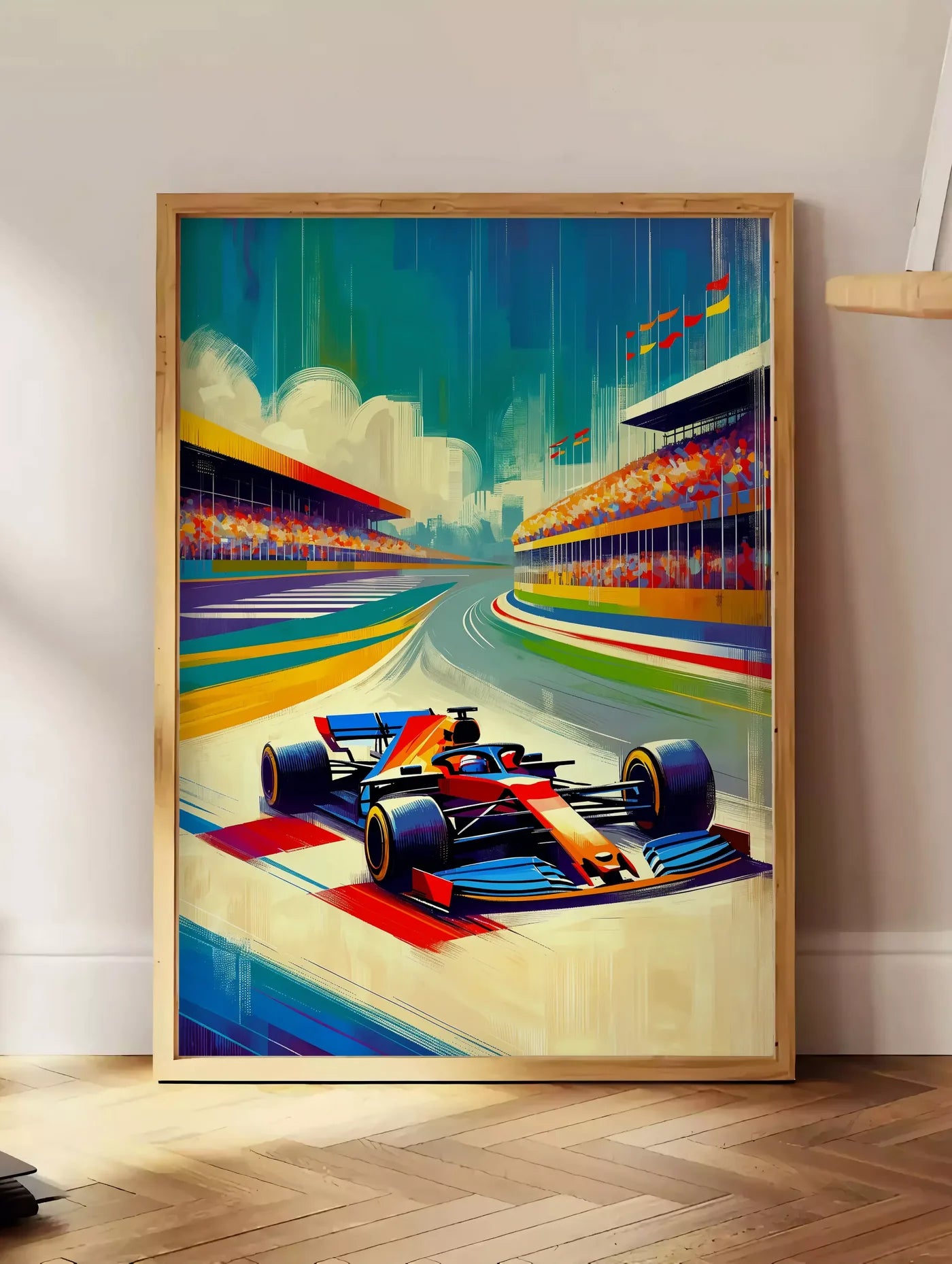 Estampe voiture de Formule 1 entrant dans un virage, posee au sol dans un coin salon, sur un parquet a chevrons, pres d'une table d'appoint en chene chargee de livres