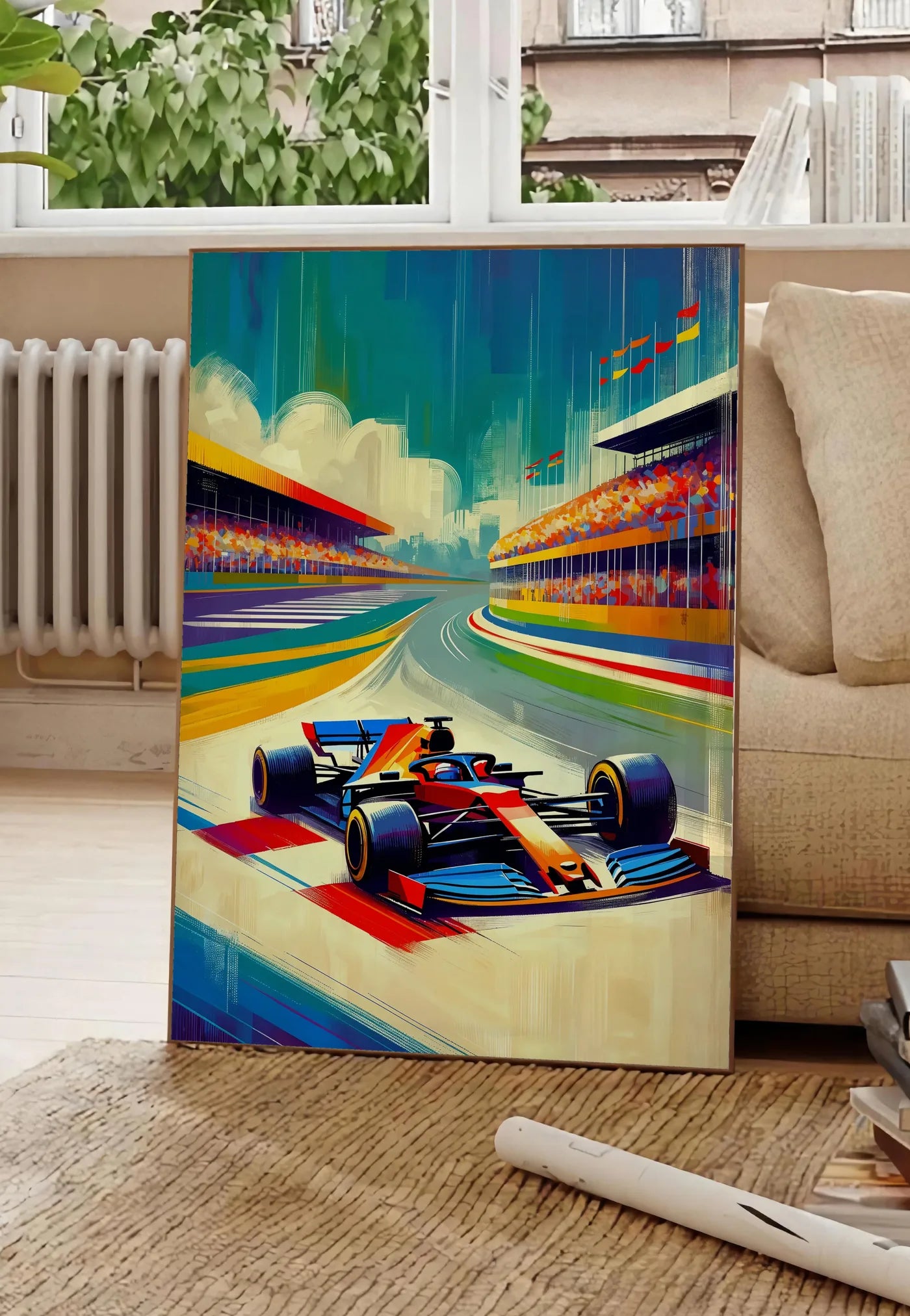 Poster voiture de Formule 1 entrant dans un virage, posee au sol dans un salon parisien, devant une grande fenetre donnant sur un immeuble haussmannien, entre un ficus et un canape creme