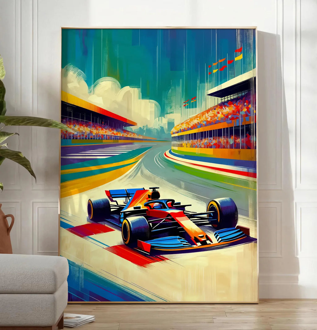 Reproduction voiture de Formule 1 entrant dans un virage, posee au sol dans un salon minimaliste clair, a cote d'un canape beige et d'une plante verte, sur un parquet clair