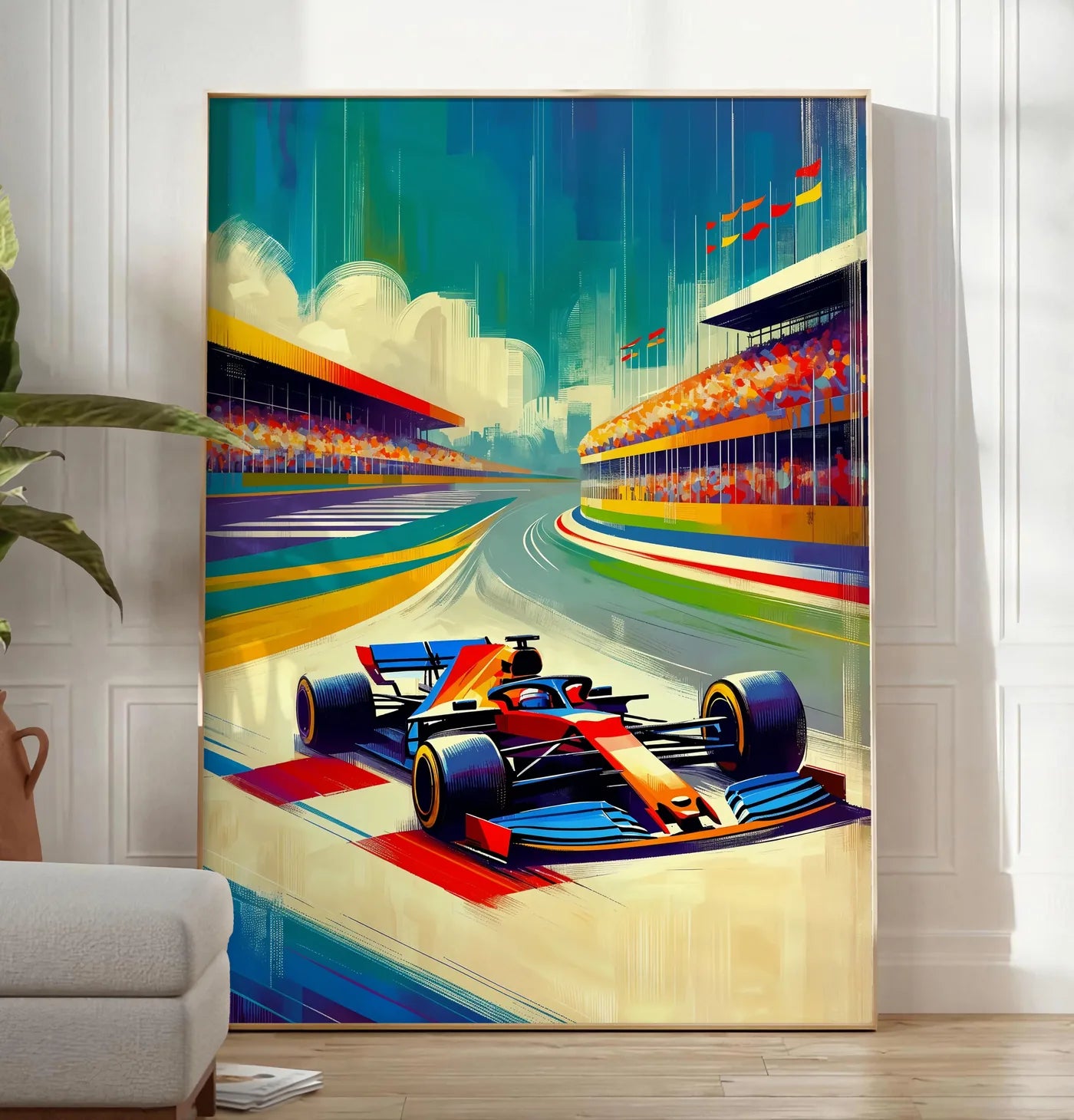Reproduction voiture de Formule 1 entrant dans un virage, posee au sol dans un salon minimaliste clair, a cote d'un canape beige et d'une plante verte, sur un parquet clair