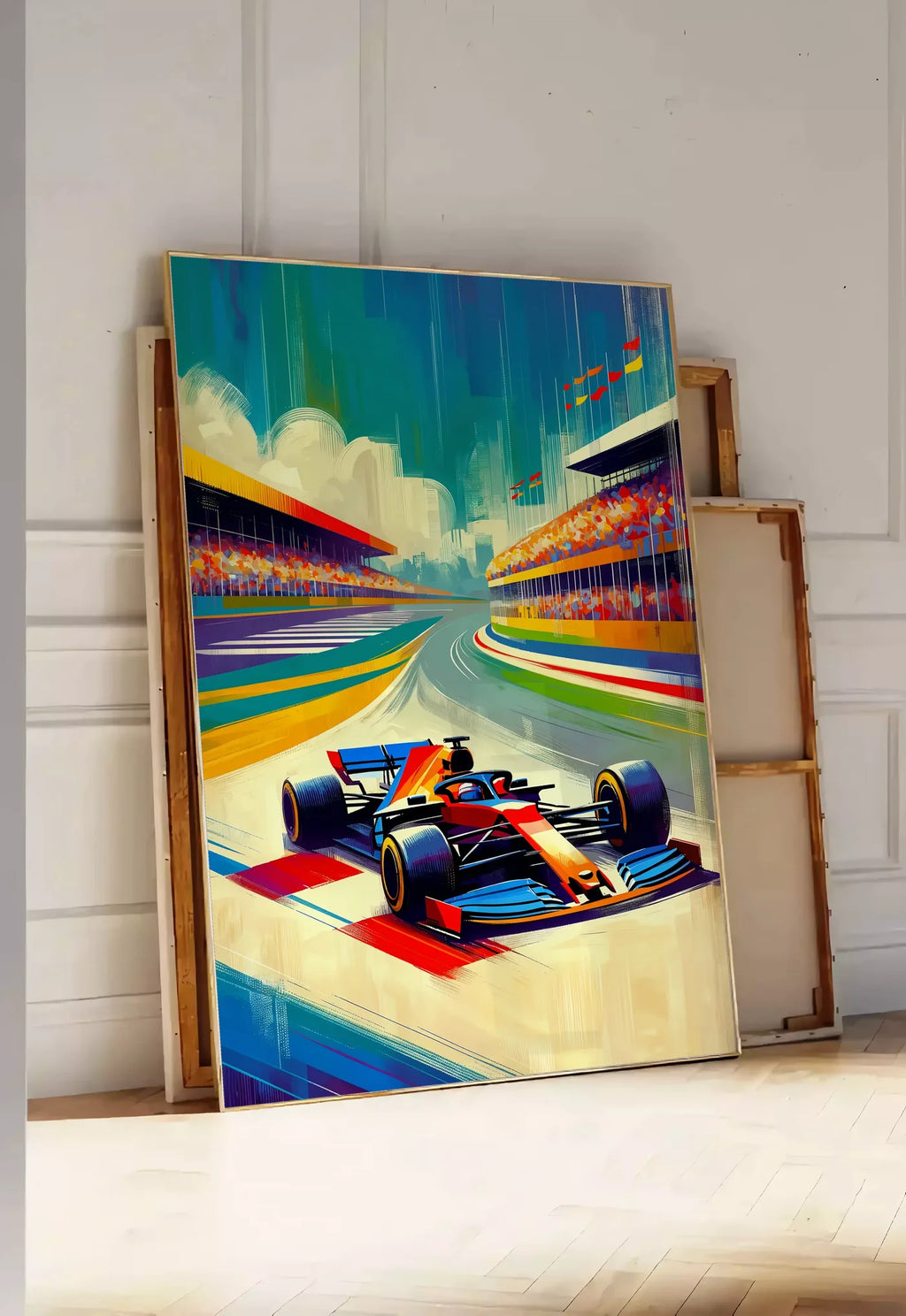 Tirage encadrable voiture de Formule 1 entrant dans un virage, posee au sol dans une entree lumineuse, contre un mur a panneaux blancs, a cote de chassis en bois empiles