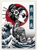 Affiche geisha tatouee et vague art japonais