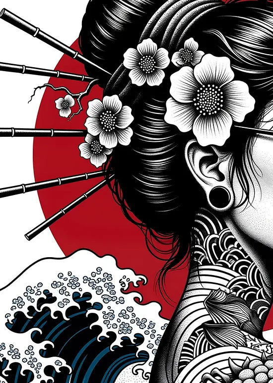 Gros plan sur geisha tatouee et vague
