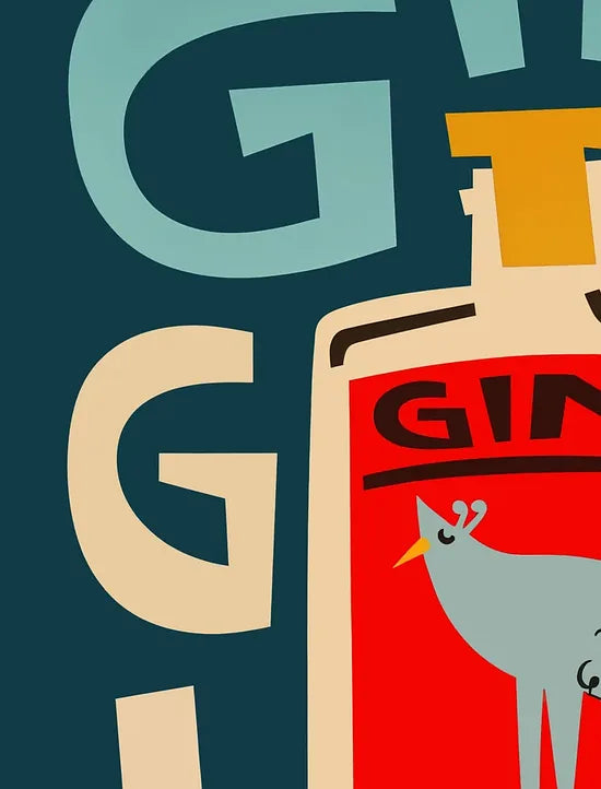 Gros plan sur la bouteille de gin, etiquette rouge et oiseau