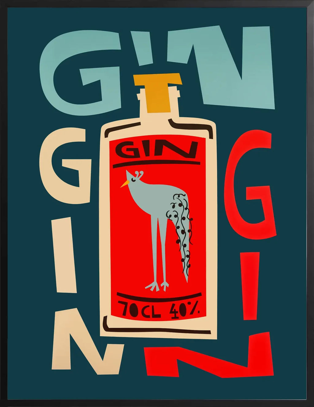 Encadrement noir mat autour de la bouteille de gin et lettres decoupees
