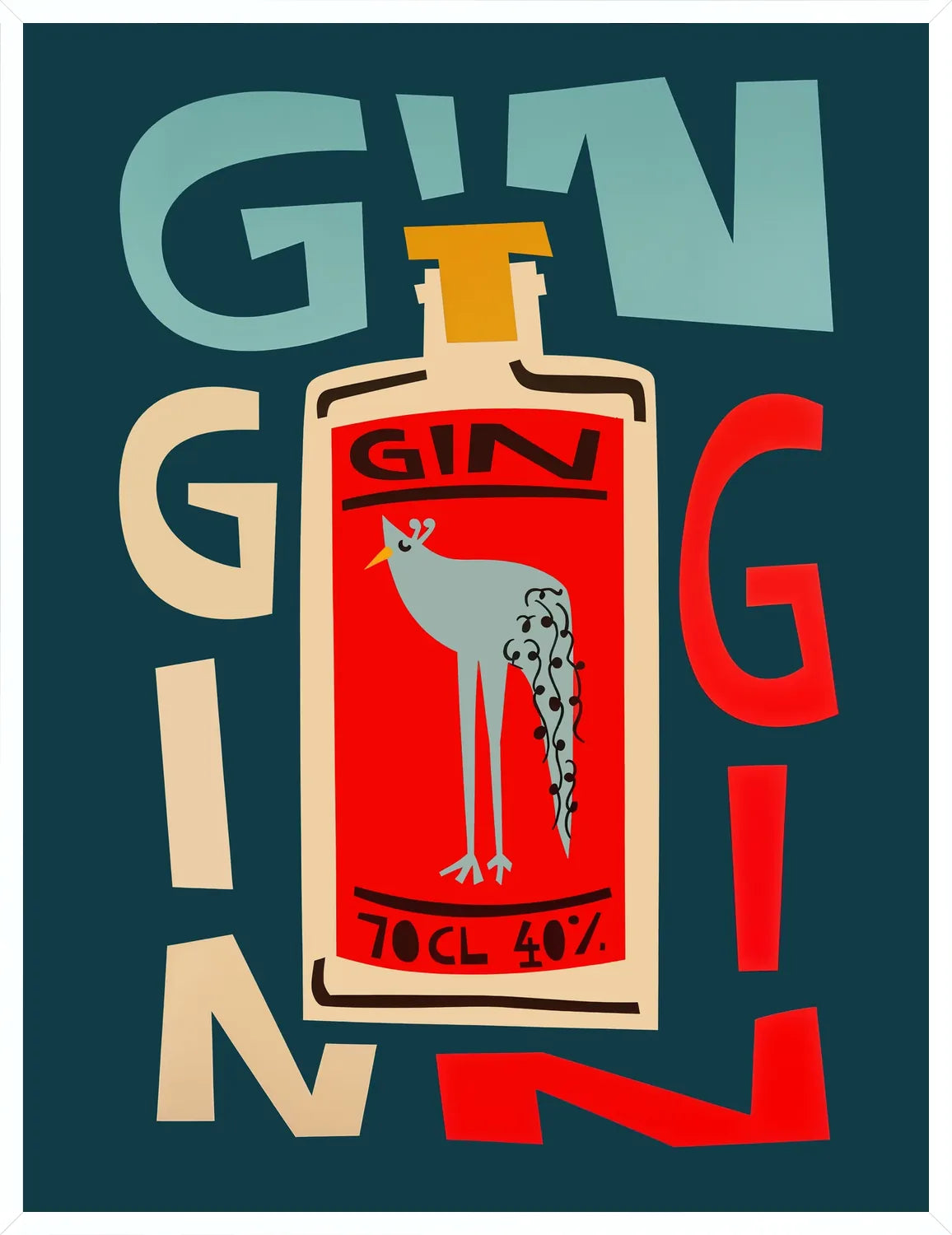 Cadre blanc epure presentant l'affiche cocktail gin pop art bleu