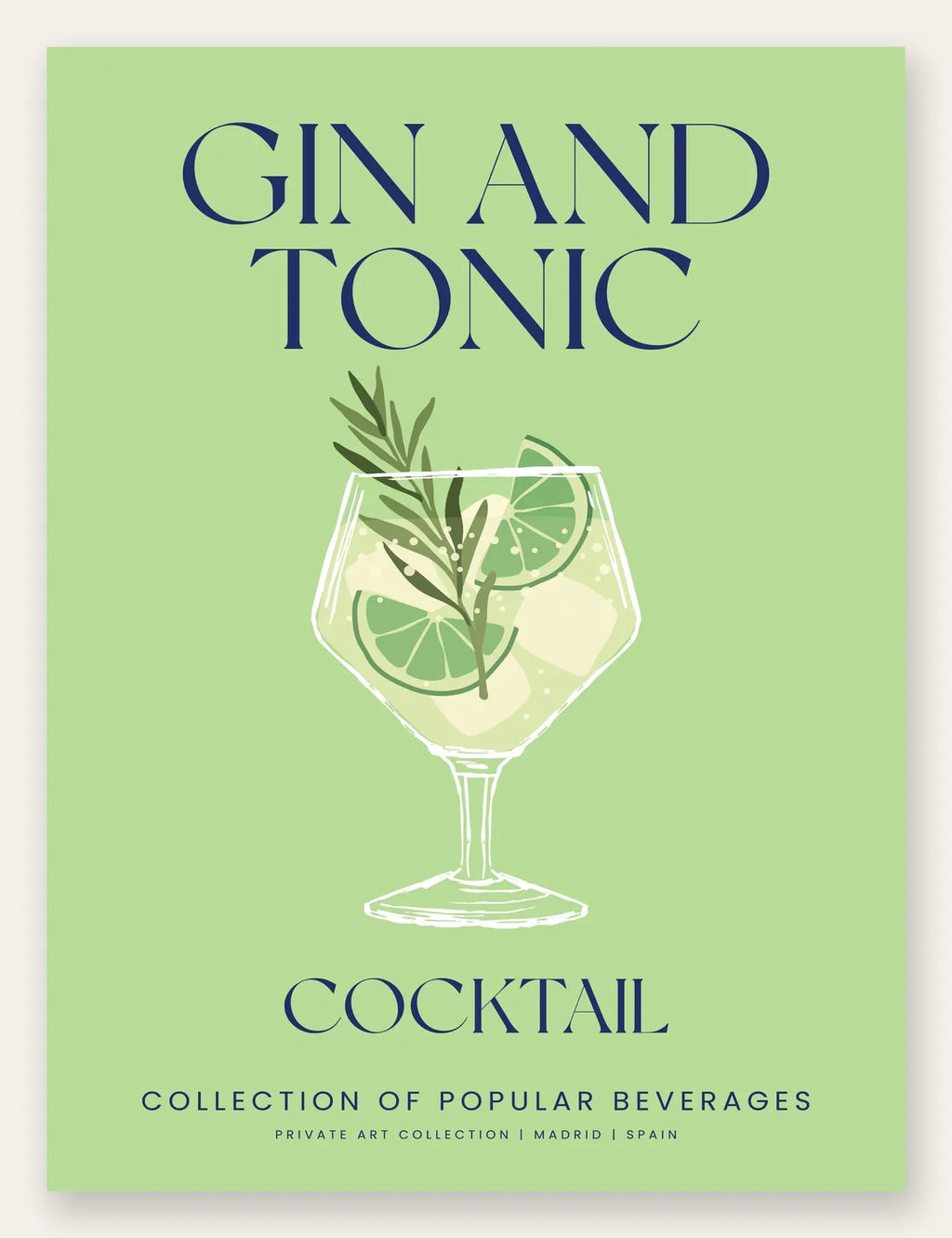 Affiche cocktail Gin Tonic, verre ballon, citron vert et romarin sur fond vert