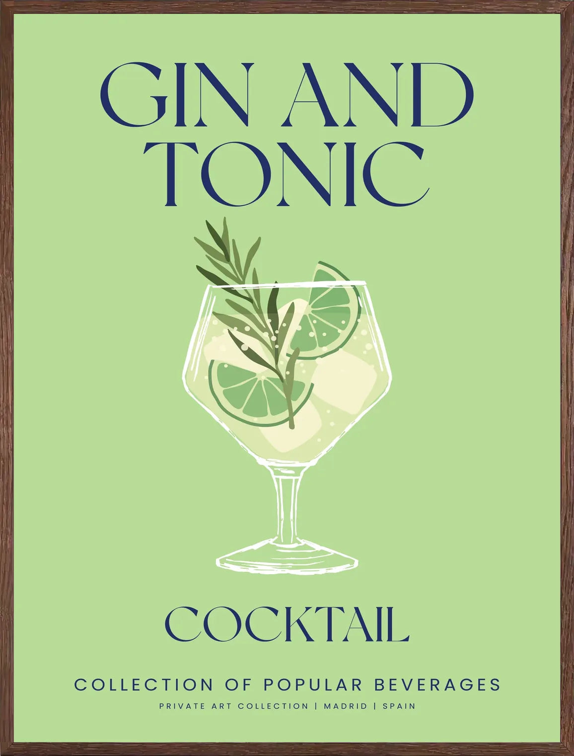 Cadre chene clair entourant l'affiche gin tonic illustration verte