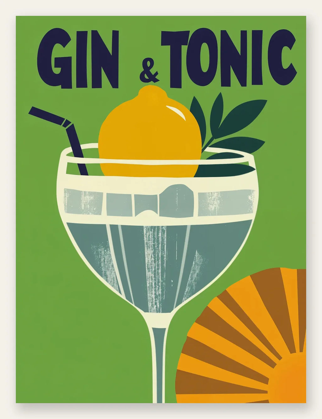 Affiche cocktail Gin Tonic, verre coupe, citron et soleil sur fond vert