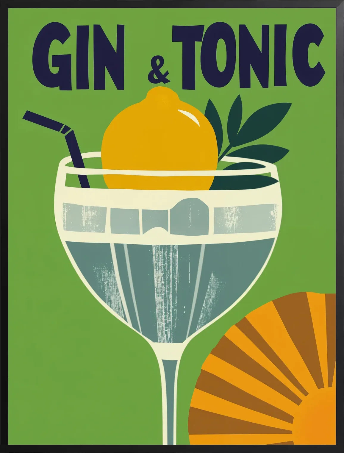 Encadrement noir mat autour du verre gin tonic et citron