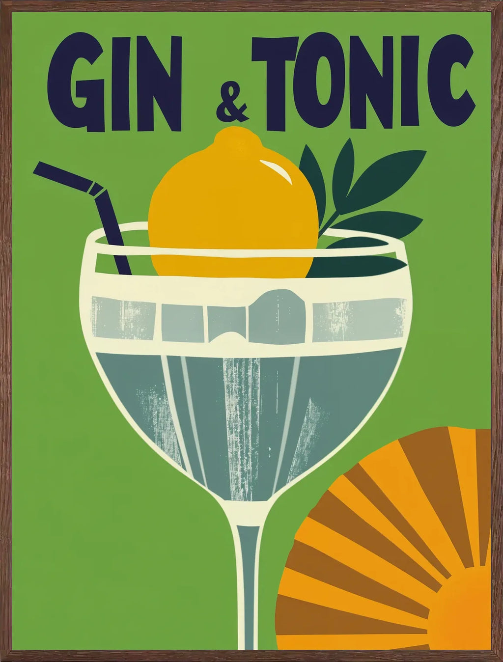 Cadre chene clair entourant l'affiche gin tonic mid century verte