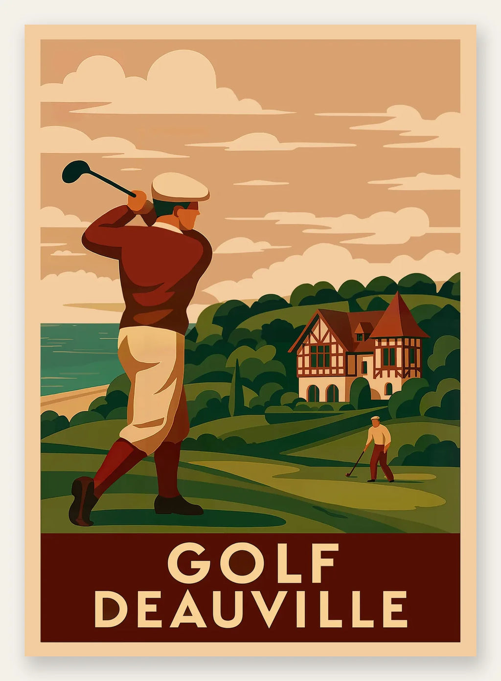 Golfeur en swing face à la mer, club house normand et fairways vallonnés, palette terracotta, ocre jaune et rouge brique