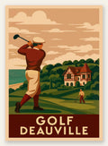Golfeur en swing face à la mer, club house normand et fairways vallonnés, palette terracotta, ocre jaune et rouge brique