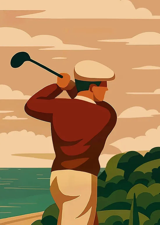 Gros plan sur le golfeur en swing, grain du papier 275 g/m2 et tracé de la bande typographique visibles
