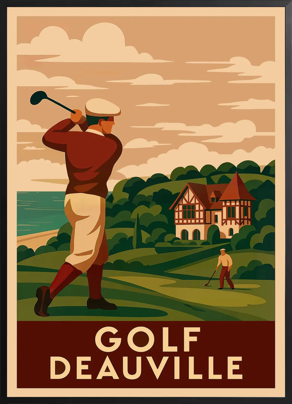 Golfeur encadré noir, composition Art Deco avec bande bordeaux et lettres crème