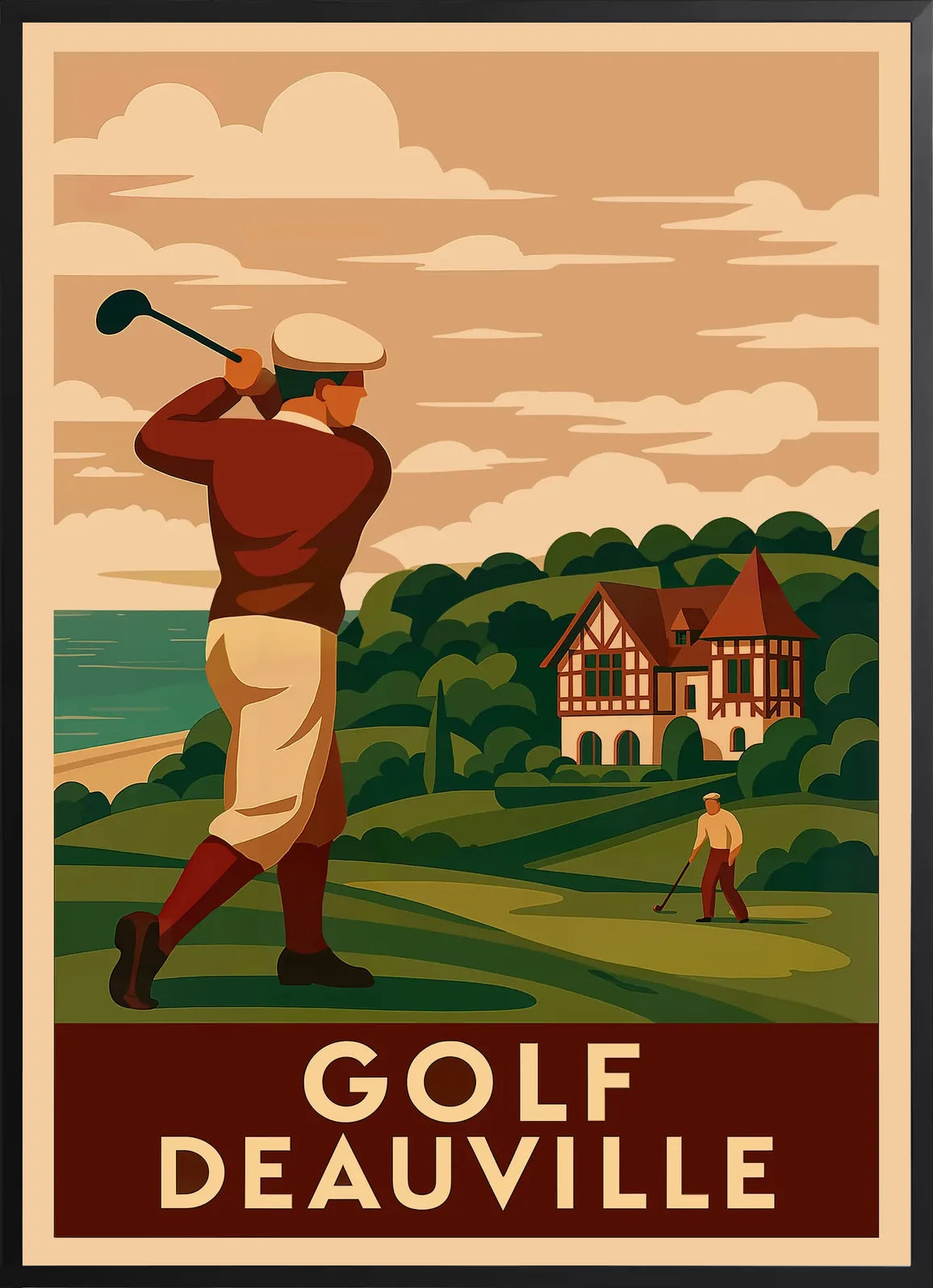 Golfeur encadré noir, composition Art Deco avec bande bordeaux et lettres crème