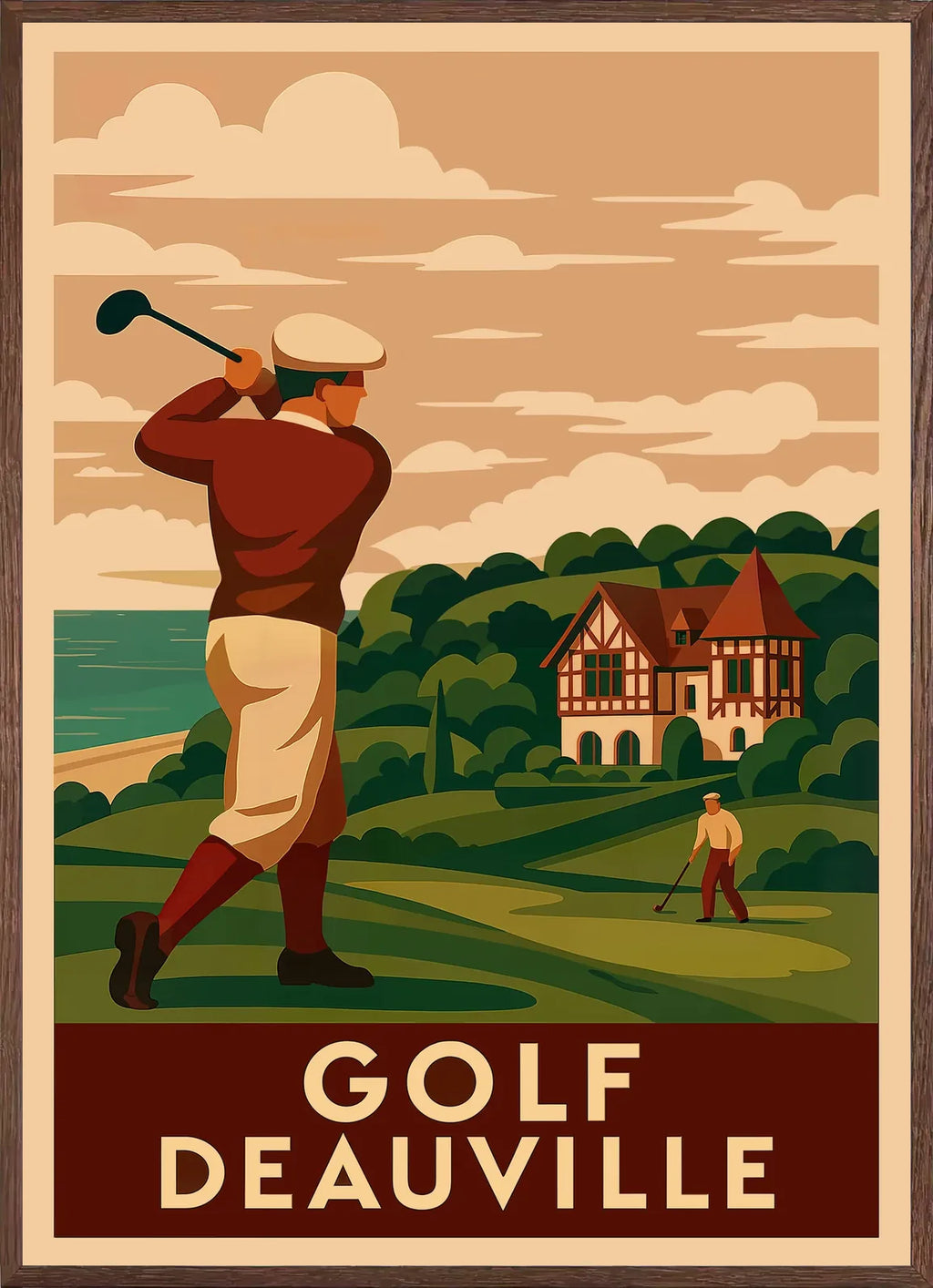 En cadre chene, golfeur en plein swing devant un club house à colombages, finition mate