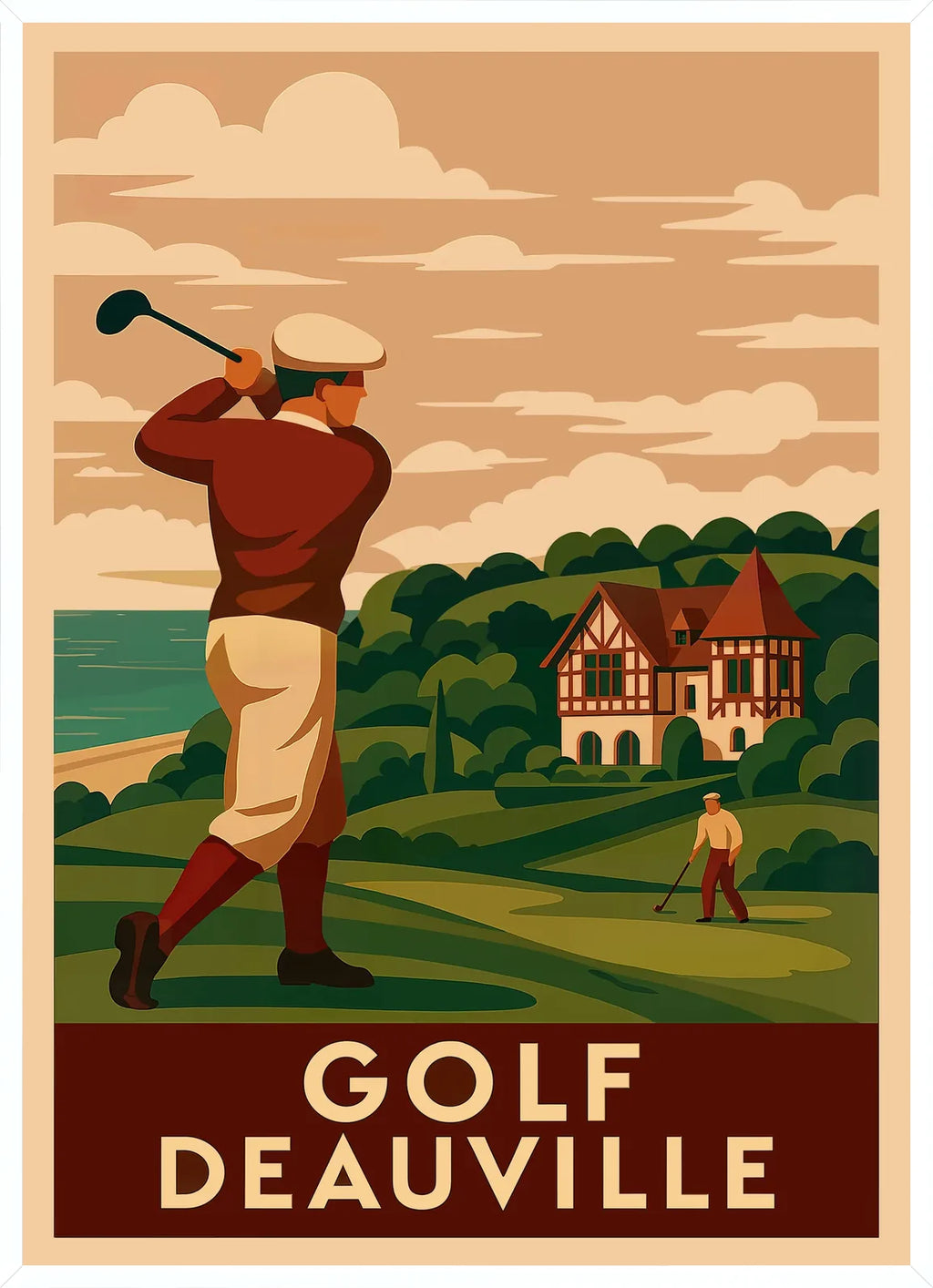 Portrait du golfeur en cadre blanc fin, nuages stylisés et fairways en arrière-plan