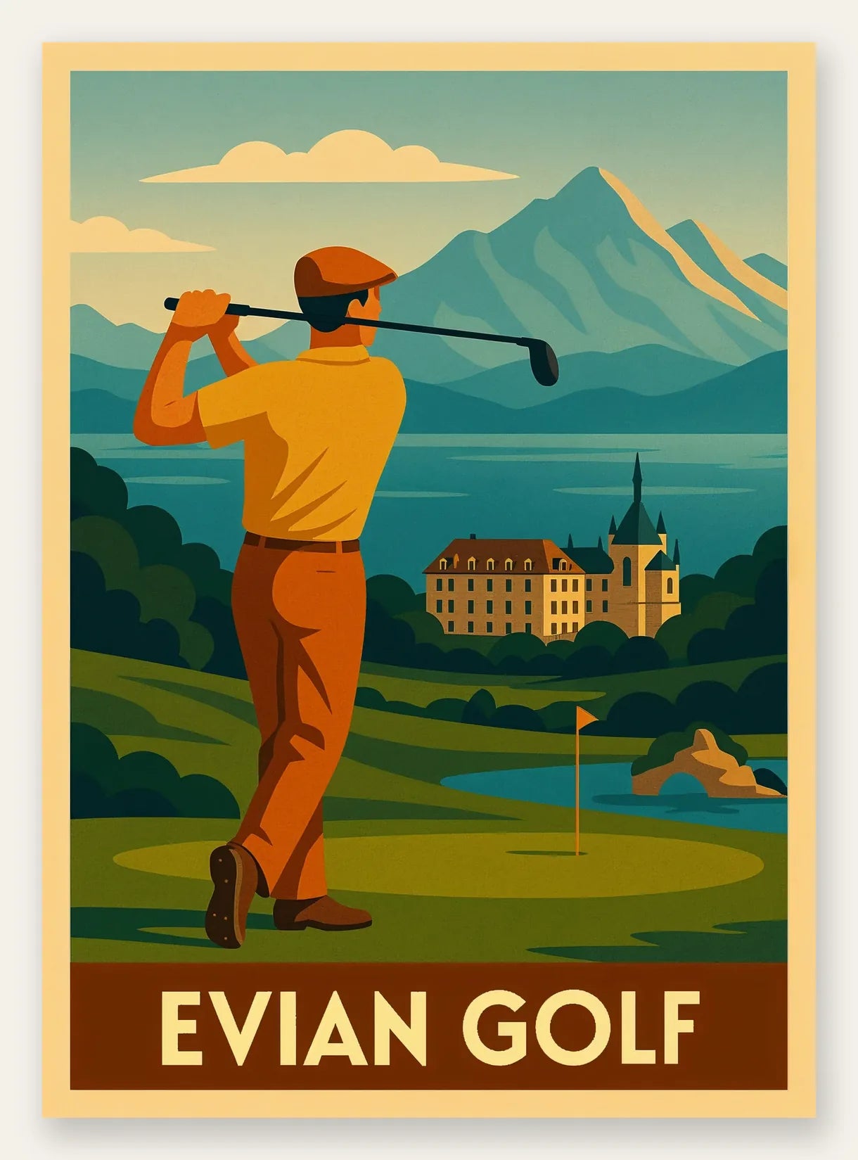 Golfeur en backswing, silhouette ocre jaune devant le lac et les montagnes, hotel-chateau a la tour visible