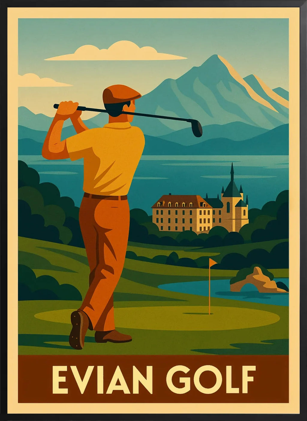 Cadre noir, golfeur en plein swing, graphique mid-century et typographie capitales creme