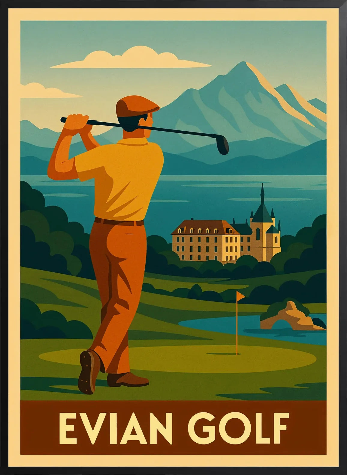 Cadre noir, golfeur en plein swing, graphique mid-century et typographie capitales creme