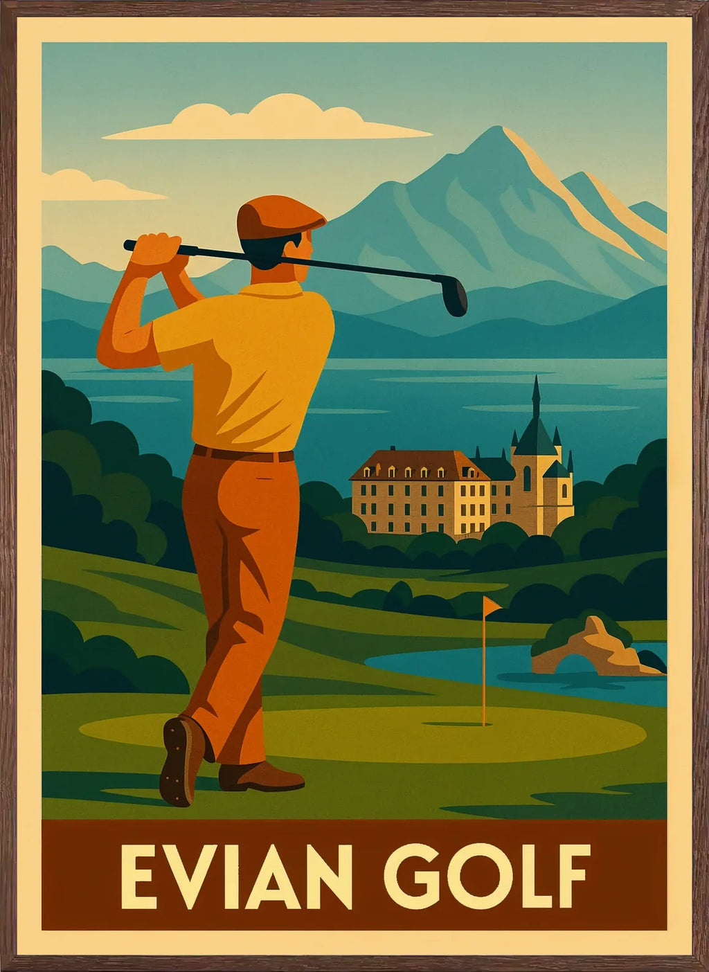 Silhouette du golfeur en cadre chene clair, finition mat, palette terracotta et bleu de cobalt