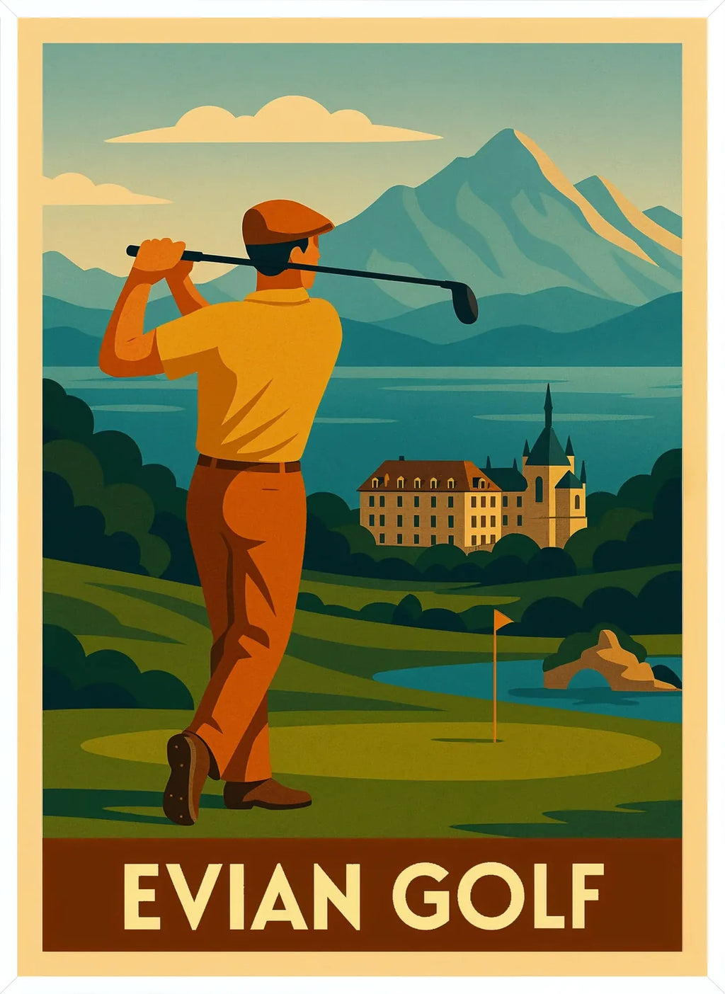 Encadrement blanc, golfeur et lac, composition large, contraste entre ocre jaune et bleu de cobalt