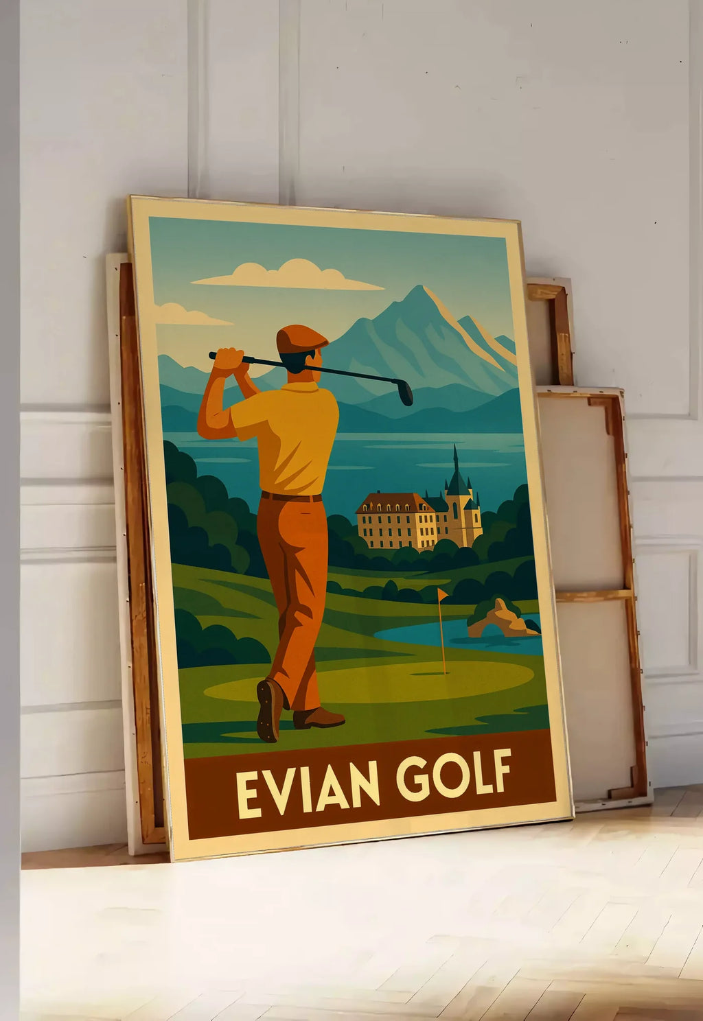 Tirage encadrable golfeur en backswing, posee au sol dans une entree lumineuse, contre un mur a panneaux blancs, a cote de chassis en bois empiles