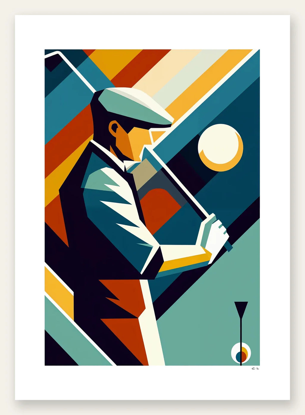 Affiche golf cubiste Art Deco, golfeur en plein swing sur rayons colores