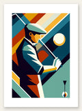 Affiche golf cubiste Art Deco, golfeur en plein swing sur rayons colores